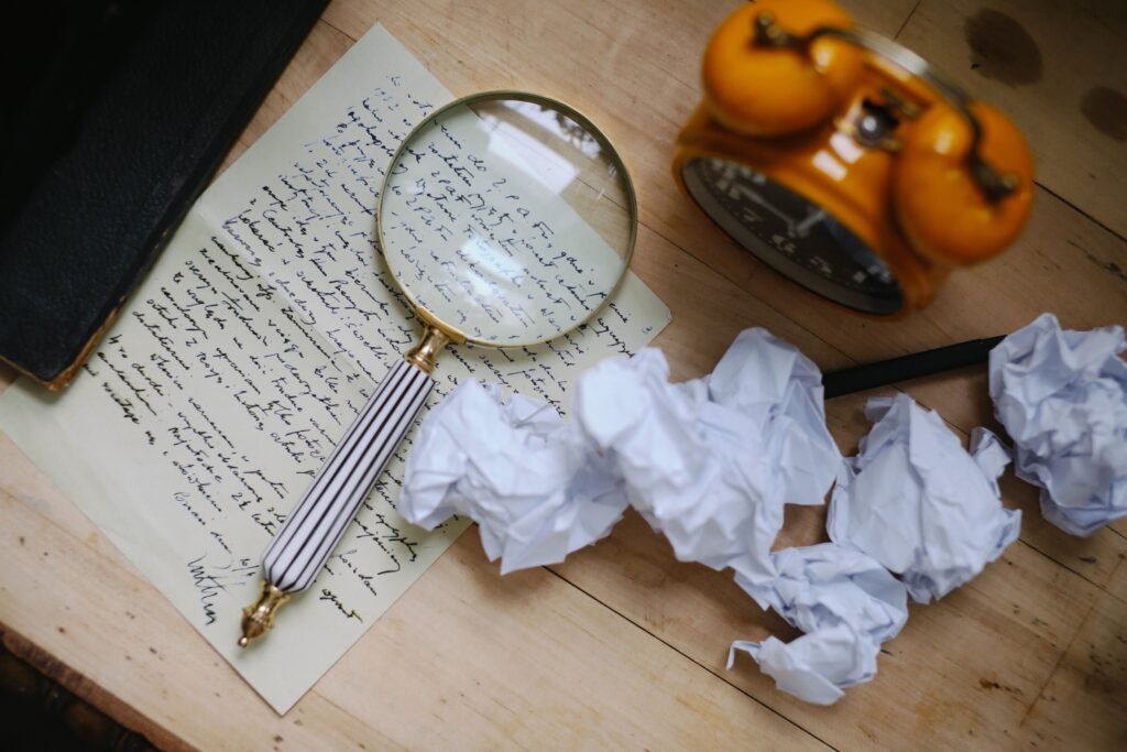 Magnifying glass beside crumpled papers, symbolizing a close investigation of a debt relief company