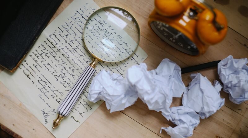 Magnifying glass beside crumpled papers, symbolizing a close investigation of a debt relief company
